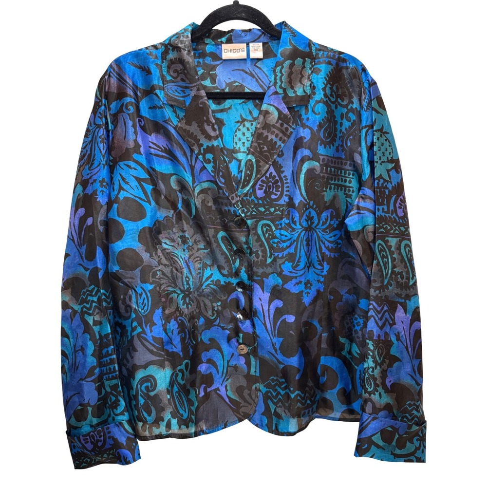 Vintage Chico's Silk Blouse Women Size L Blue Paisley Button Up Artsy Glam Retro